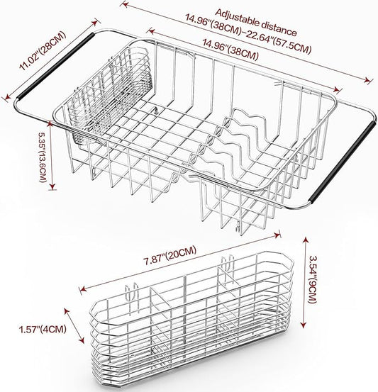 SwetLao Large Sink Dish Drying Rack, Expandable 304 Stainless Steel Metal Dish Drainer Rack Organizer Shelves with Stainless Steel Utensil Holder Over Inside Sink, Rustproof