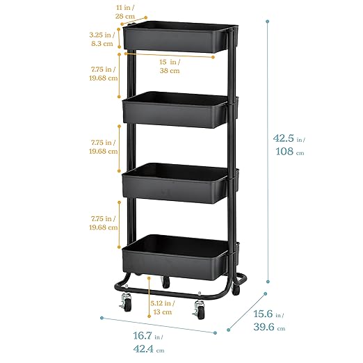 ECR4Kids 4-Tier Metal Rolling Utility Cart, Multipurpose Storage, Black