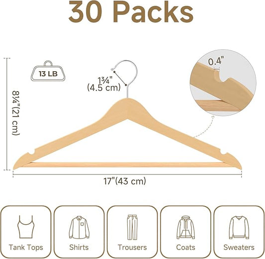 StorageWorks Clothes Hangers, Wooden Hangers 30 Pack for Closet, Wood Hangers for Coats, Shirts, Jackets, Pants, Suits, Natural Wood Color