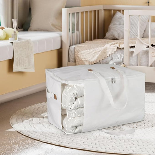 Heavy Duty Cotton Canvas Storage Bags For Comforter Blankets Clothes Extra Large Foldable Organizer with Clear Window & Reinforced Handles, Dustproof Design (White, 80L-4Pack)