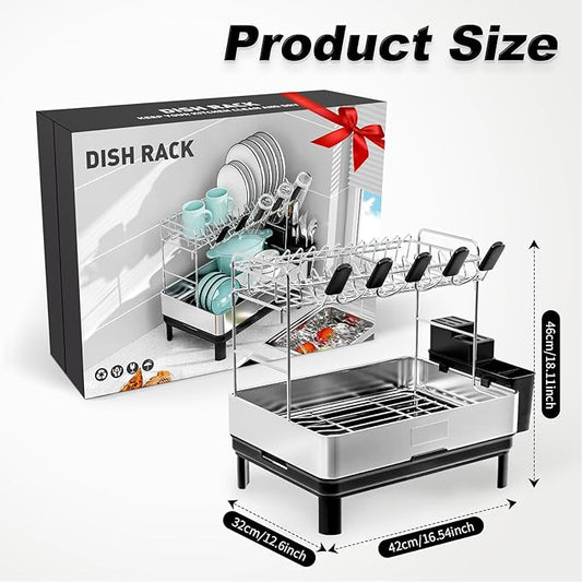 Ewaiira Dish Drying Rack, 2 Tier Large Dish Rack, Stainless Steel Dish Drainer for Kitchen Counter, Dishes Rack with Automatic Drainage, Utensil Holder,Cups Holder,Space Saving Kitchen Organizer,Black