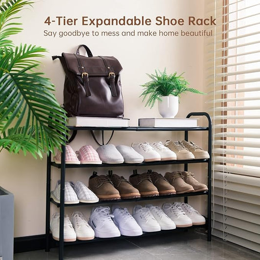 Gonfoam 4-Tier Expandable Shoe Rack,Adjustable Shoe Shelf Storage Organizer Heavy Duty Metal Free Standing Shoe Rack for Entryway Closet Doorway (Black)