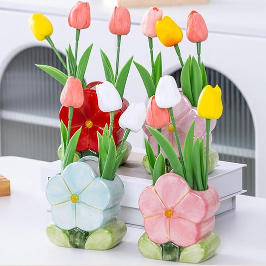 Flower Desk Pen Holder Blue Desk Accessories for Desk Aesthetic Cute Toothbrush Makeup Pencil Holders Office Home Decor Birthday Gifts for Women Vanity Kawaii Kitchen Utensil Holders