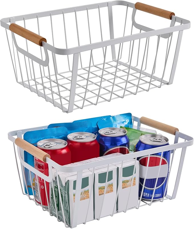 White wire baskets for organizing with Wooden Handle,Metal Wire Storage Baskets Country Vintage Style Snack Baskets. pantry organizers and storage,Kitchen,Bedroom,Bathroom,White,Set of 2