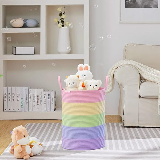 VIPOSCO Tall Laundry Basket, Large Dirty Clothes Hamper with Leather Handle, Woven Rope Storage Basket for Blanket, Toy In Living Room, Bathroom, Bedroom - 58L Rainbow
