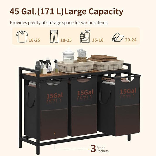 Heybly Laundry Hampers, 3 × 15 Gal (171 L) Laundry Basket with Large Desktop Sorter for Laundry Room Organization, Bathroom and Dorm Laundry Bags on Storage Shelf, Rustic Brown HLH003SR