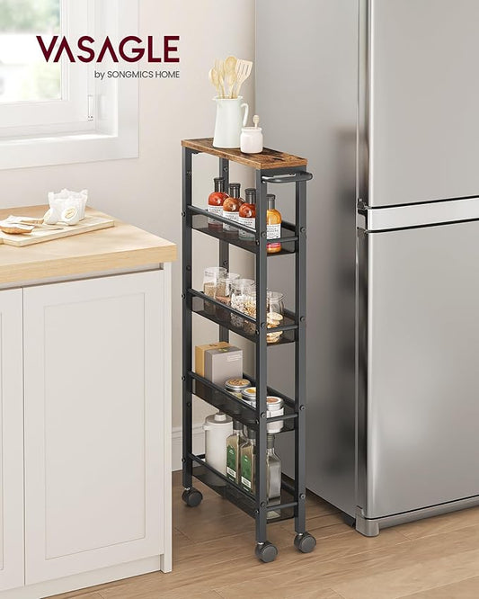 VASAGLE Slim Rolling Cart, 5-Tier Storage Cart, Narrow Carts with Handle, 5.1 Inches Deep, Metal Frame, for Kitchen, Dining Room, Living Room, Home Office, Rustic Brown and Classic Black ULRC034B01