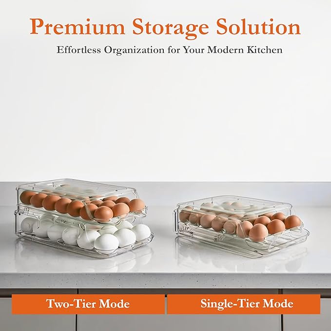 Egg Holder for Fridge (36 Eggs) | Automatic Rolling Dispenser for Refrigerator, Foldable | Fits All Egg Sizes Without Collision, Clear, Durable, BPA-Free with Lid | Gift: Egg Separator