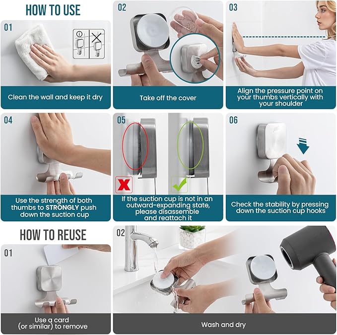 TAILI Powerful Suction Cup Razor Holder 2 Pack, Stylish 304 Stainless Steel Bathroom Suction Hooks for Towel, Loofah, Bathrobe, Shaver Holder for Shower Wall, Easy to Install and Reuse, Silver
