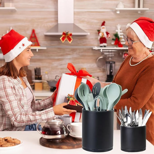 Kitchen Utensil Holder Extra Large Rotating For Counter Organizer Stainless Steel Storage Cooking Silverware Caddy 3 Compartment Flatware Spoon Spatula Tool Cutlery Container(2 Set Black)