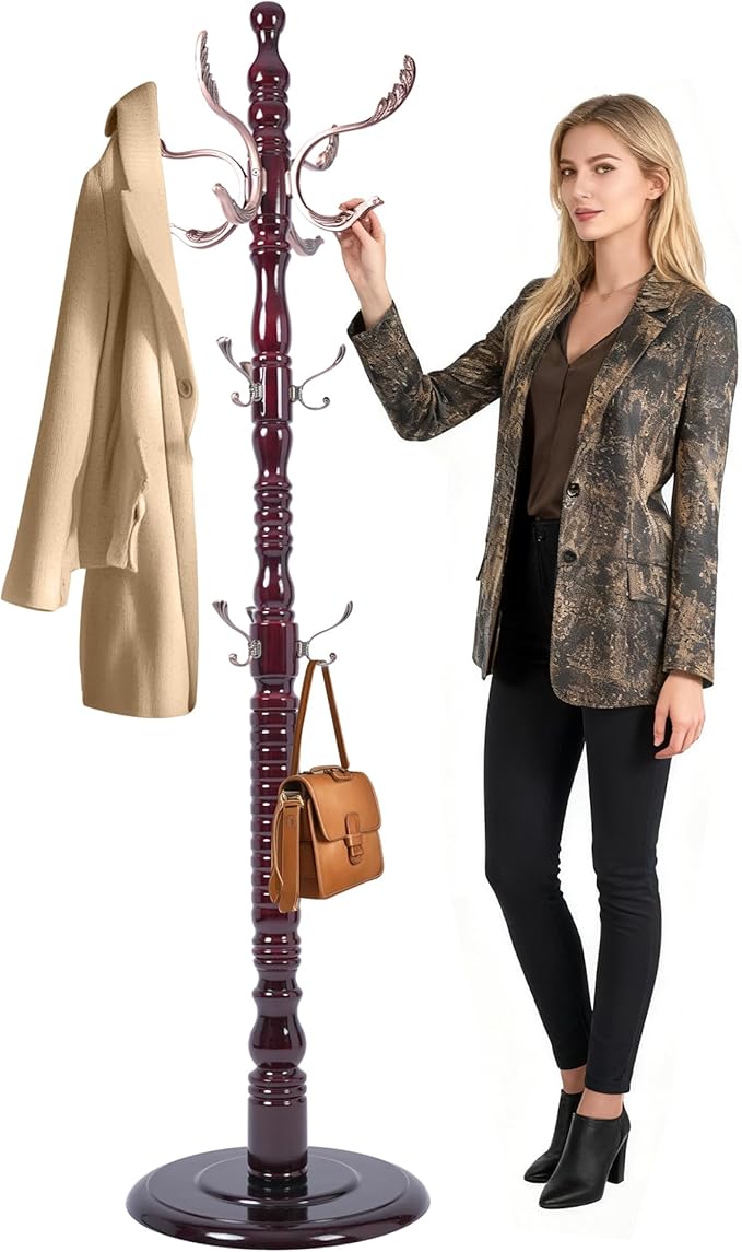 73" Wooden Coat Rack Freestanding, Coat Rack Stand With 18 Hooks And Round Solid Wood Base,Adjustable Height, Easy To Assemble For Entrance Hallway Office Living Room Bedroom (Metal)