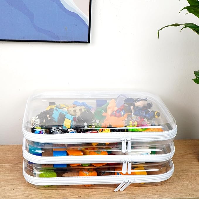 3PCS Clear Hard Shell Zipper Case,Toy Organizers and Storage Box,Clear Toiletry Cosmetic Case,Travel Makeup Bags, Diaper Bag Organizer,Pencil Case,Stackable Portable Transparent Zipper Pouches White-L
