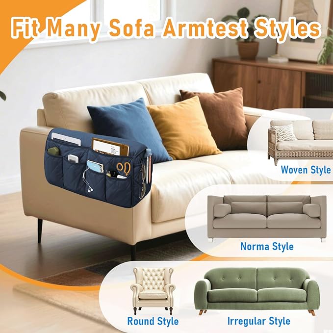 Gloserin Armchair Caddy, Sofa Armrest Organizer, Non Slip Recliner Organizer, Remote Control Holder for Recliners, Recliner Arm Caddy with 14 Pockets Storage for TV Remote, Phone, Magazine(Blue)