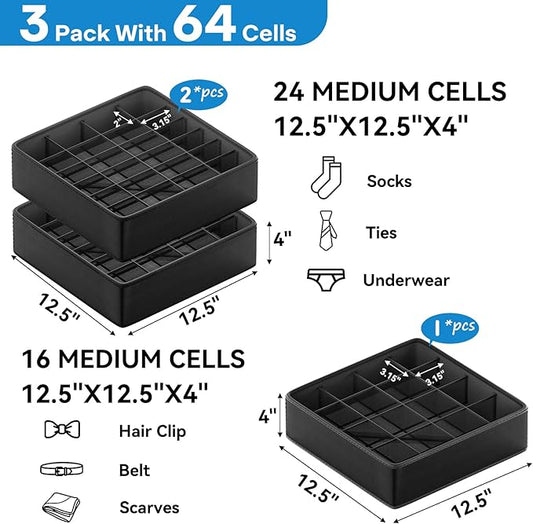 Fashion Leather Sock Underwear Drawer Organizer clothes, Closet Dividers,64 Cell (16+24+24) Foldable Leather Storage Box for Panties, Ties, Accessories(3 Pack)