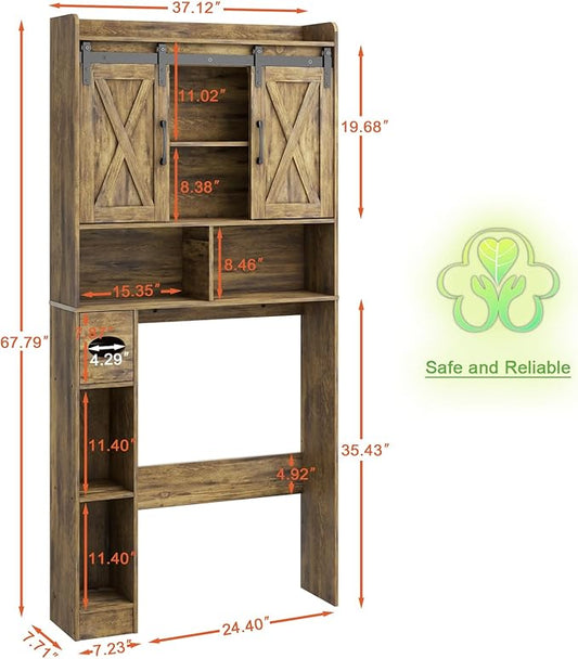 Vabches Over The Toilet Storage Cabinet, Farmhouse Storage Cabinet Over Toilet with Sliding Doors & Toilet Paper Holder Stand,Home Space-Saving Toilet Rack, for Bathroom, Restroom, Laundry