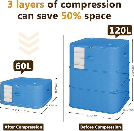 3-Layer Compressible with Zippers Blanket & Comforter Storage Bag,Ultra Space Saving Self Compression Organizer,Save 50% Space, 2 PCS,Blue