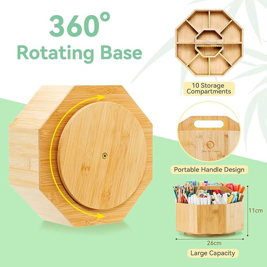 Ohuhu Rotating Marker Organizer for Alcohol Markers, 360-Degree Rotating Bamboo Storage Hold 162 Honolulu& B Alcohol Markers, Pens Pencil Holder with 8 Compartments for Home Classroom Office Decor