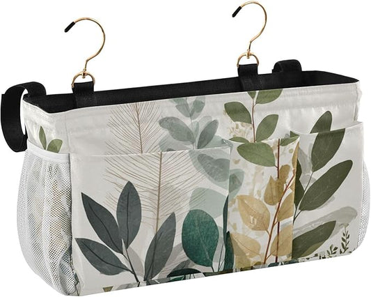 CuwrYet Bedside Caddy Hanging Bunk Bed Caddy Bed Organizer Hanging Pocket with 2 Hooks Bedside Storage Organizer Pocket Bag Holder Beige Boho Style Leaves