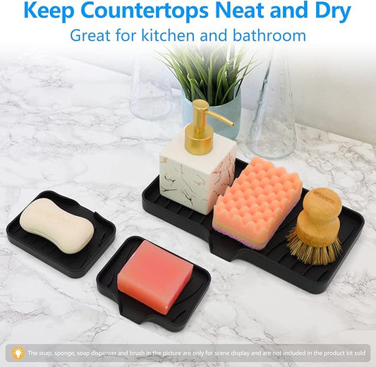 3-Pack Silicone Soap Dish, Sponge Holder for Sink, Kitchen Soap Tray, Bathroom Soap Holder, Sponge Tray with Drain (Black)