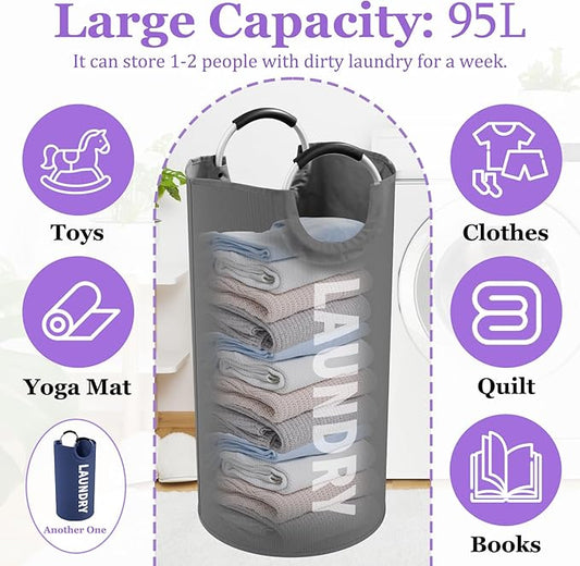 2Pack 95L Big Clothes Hamper for Family, Collapsible Laundry Baskets with Handles, Dirty Clothes Bin Stand Up Well, Toteable Laundry Bag for Bathroom, Travel, Grey/Navy Blue