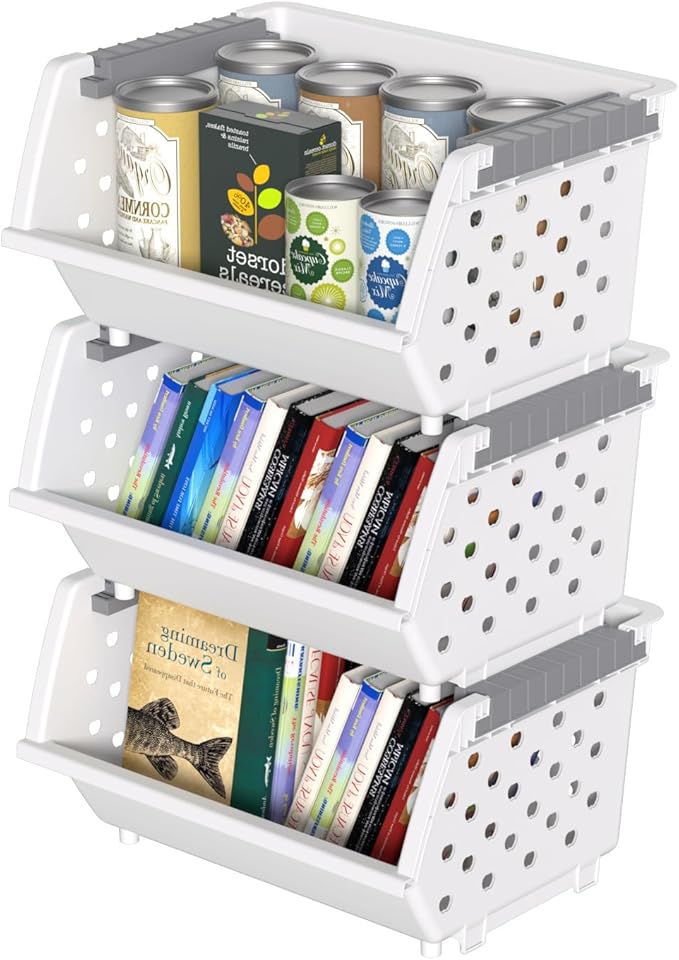 Plastic Stacking Bins, Stackable Storage Basket, White, Set of 3