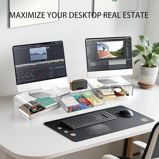 OPNICE Clear Acrylic Desk Organizers and Accessories, Dual Monitor Stand Riser with Drawer, Desk Shelf Computer Racks for Office Workspace Organizers, Desktop Organization