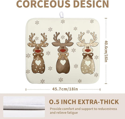 Wnoesat Christmas Reindeer Snowflakes Dish Drying Mat for Kitchen Counter 16x18 Inch Winter Xmas Holiday Drying Pads Microfiber Absorbent Dish Draining Mat Large Dish Drainer Rack Mat