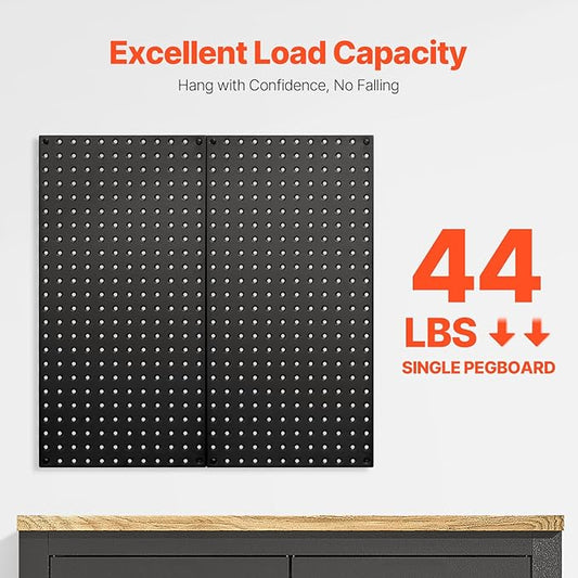 VEVOR Metal Pegboard Panels, 24" x 12" Pegboard, 2 Panels, Heavy Duty Steel Peg Board Wall Organizer, for Living Room Garage Tool Storage Workbench Office Organization Craft Room Kitchen Home, Black