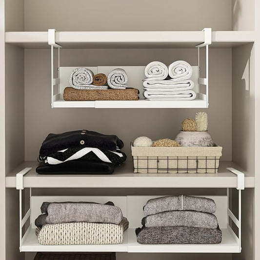 Expandable Under Cabinet Shelf Organizer with 0.94-Inch Thick Clips, Heavy Duty Extendable Under Shelf Storage Basket for Pantry or Laundry Room, White, 1 Pack, Interior: 4.13" H x 8.54" D
