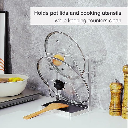 XCCK 304 Stainless Steel Pot Lid Holder While Cooking, Kitchen Pot Lid Storage Rack for stove top, Multifunctional Kitchen Pot Lid Organizer for Countertop(Silver)