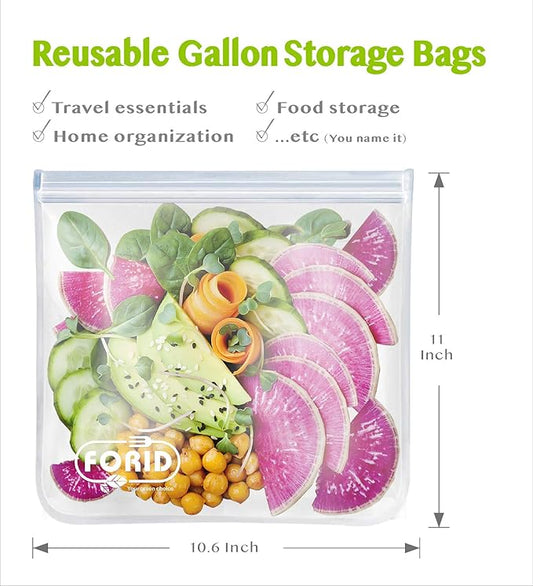 FORID Reusable Gallon Freezer Bags, 6 Pack Extra Thick Gallon Reusable Bags, Leakproof Food Storage Bags for Marinate Food, Fruit Cereal Sandwich Snack Meal Prep Travel Items Home Organization Storage
