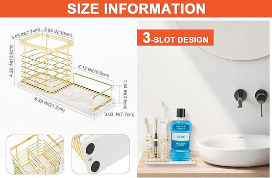 HarJue Toothbrush Holder, Luxurious Metal Toothbrush Toothpaste Holder with Marble Base for Bathroom, Multi-Slots Openwork Design, Bathroom Accessory for Storage and Organizer (Large, Gold)