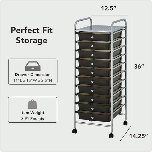 Display By Jack Rolling Storage Cart 10 Drawer Organizer with Black Drawers, Slim 36" Chrome Frame, Locking Wheels, and Top Shelf for Office, Classroom, Bathroom, or Craft Storage