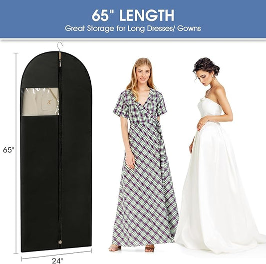 Dress Bags for Gowns, 65'' Long Garment Bags for Hanging Clothes, Dress Garment Bag, Black Dress Bag with Clear Window for Dresses, Coats, Uniforms(2 Packs)