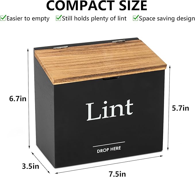 Magnetic Lint Bin for Laundry Room - Compact Size, Wooden Dryer Lint Holder with Lid - Rustic Lint Box, Magnetic Bin - Modern Farmhouse Laundry Room Decor, Black with Torched Lid