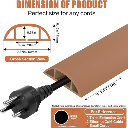 Floor Cord Cover Cavity 0.8"x0.37" Self Adhesive Cord Hider, 3.3FT Low Profile Cable Management, Extension Strip Protector for Wires, Prevent Cable Trips for Offices, Gyms, Exhibitions(Brown)