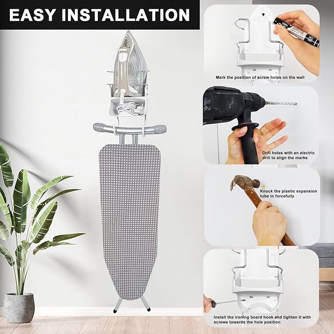 Wall Mount Iron Board Hanger,Ironing Board Storage Organizer Shelf with Iron Board Rack and Hooks for Laundry Room, Living Room, Bathroom ,Hotels