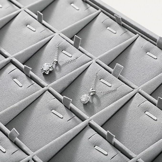 Dansmiy Linen Stackable Necklace Storage Tray, 24 Grid Pendant Display Tray, Jewellery Shop Counter Showcase Table Top Organizers, Makeup Table Drawer Insert Jewelry Tray