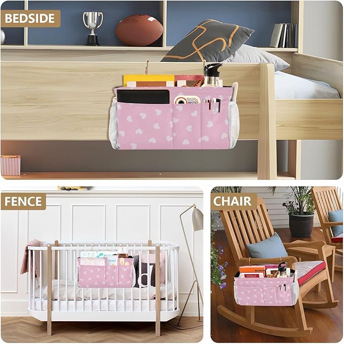 CuwrYet Bedside Caddy Hanging Bunk Bed Caddy Bed Organizer Hanging Pocket with 2 Hooks Bedside Storage Organizer Pocket Bag Holder Heart Pink