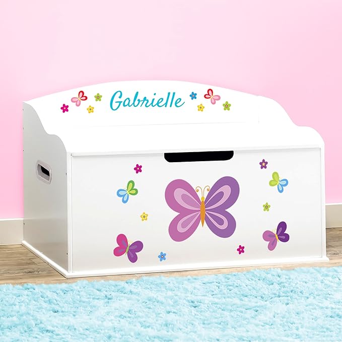 DIBSIES Personalized Creative Wonders Toy Box, Butterflies & Flowers, 30 x 19.25 x 18 inches, Soft-Close Lid (White)
