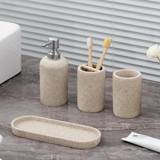 Bathroom Accessories Set, Bathroom Organizer Countertop, Soap Dispenser and Toothbrush Holder, Mouthwash Cup, Tray Set, Vanity Tray for Bathroom, 4 Pieces Modern Decor (Beige)