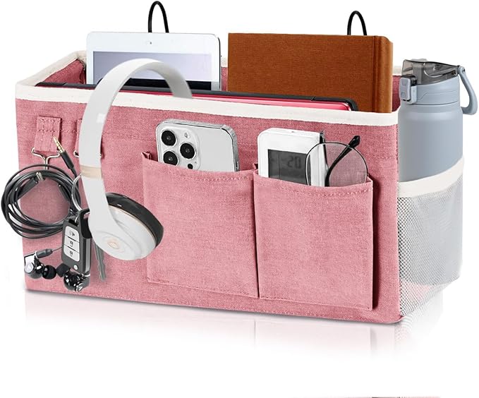 ADVANCELLPRO Bedside Caddy Organizer Hanging Storage Bag with Pockets for Books, Magazines, Phone, Tablet & Water Bottle – Bedside Storage for Dorm, Bunk Beds, Hospital Beds & Cribs, Pink