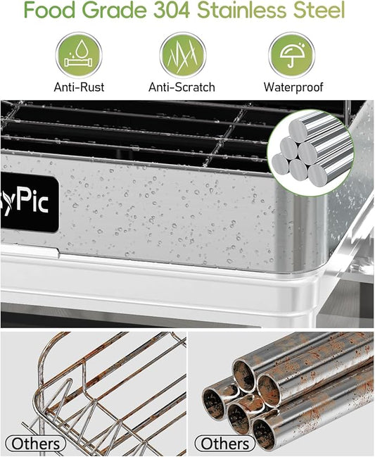 CosyPic 2 Tier Dish Drying Rack, Thicker Premium 304 Stainless Steel Dish Racks for Kitchen Counter, Automatic Drainage Spout, Dish Drainer & Drainboard Set with Utensil Holder and Cup Holder, White
