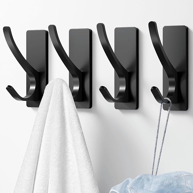 Josmimic 10-Pack Self Adhesive Towel Hooks: Extra Strong 13LB, Stainless Hook for Hanging Loofah, Towels, Coat, Bath Robe Bathroom Shower, Black