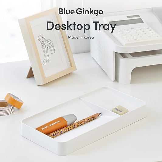 BLUE GINKGO Desk Tray – Korean-Made Organizer for Notes, Pens, Pencils, and Accessories (Double-sided, White)