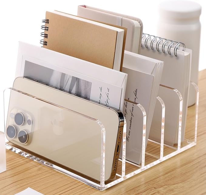 SANRUI Clear Desktop File Organizer, 5 Compartments Acrylic Office Document Sorter Mails Storage, Multifunction Letter Folder Racks Holders for Office,Home, School Desk Organization