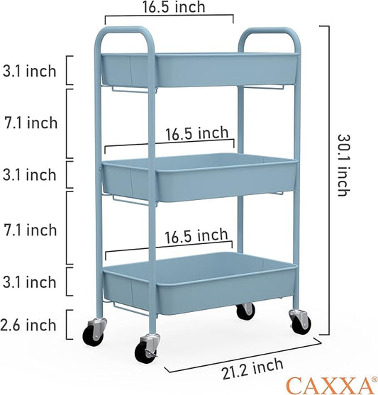 CAXXA 3-Tier Rolling Metal Storage Organizer - Mobile Utility Cart with Caster Wheels, Blue