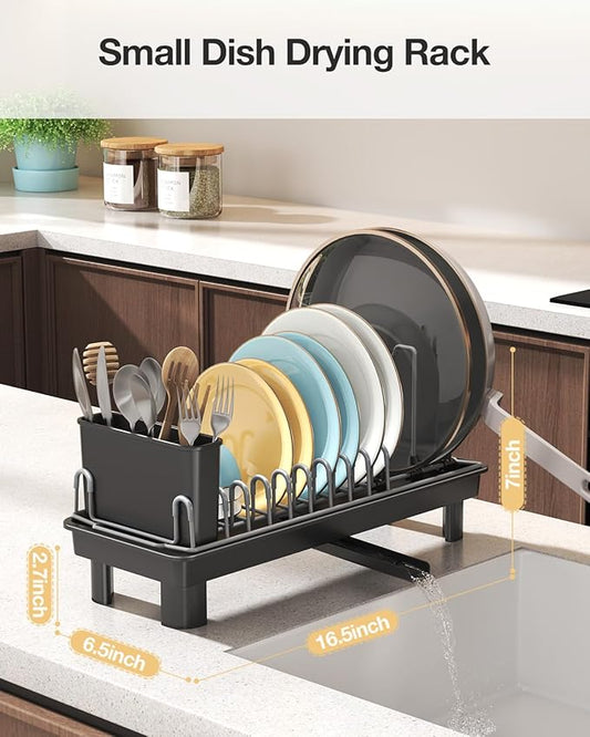 Nfnoyp Small Dish Drying Rack, Carbon Steel Dish Rack Rustproof for Kitchen Counter, Compact Space-Saving Dish Drainer with Adjustable Slots for Small Kitchens & Apartments, 16.5×6.5×7inch, Black