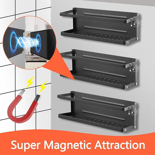Magnetic Shelf with Paper Towel Holder for Fridge/Washing Machine/Garage, Magnet Kitchen Spice Rack for Refrigerator, Wall Mount Storage Organizers (Black)