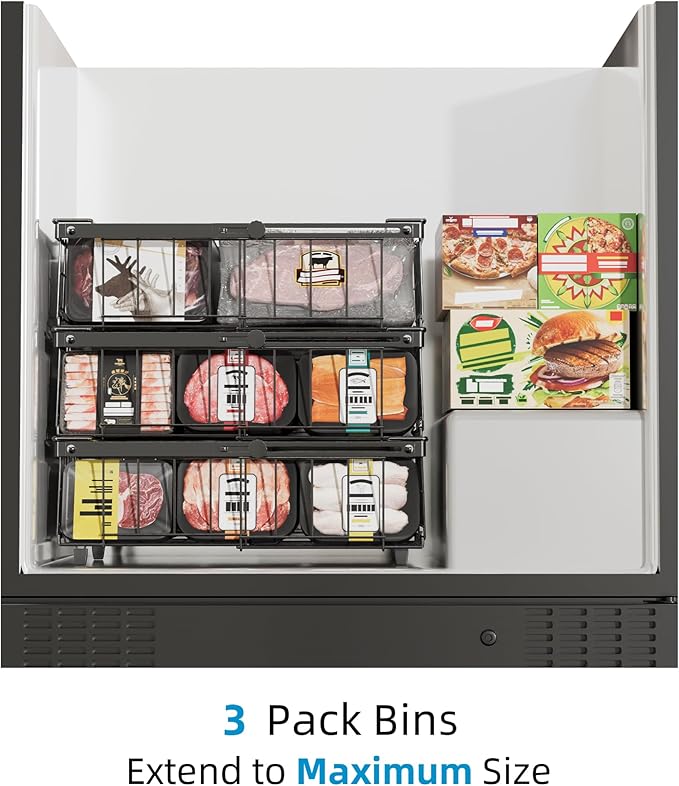 Deep freezer organizer bins-Fit 10 to 20 Cu.FT,4 Pcs stackable wire baskets for freezer,Vegetable Fruit Basket,kitchen countertop organizer,pantry organizers and storage,Expandable length 11.42-17.91"